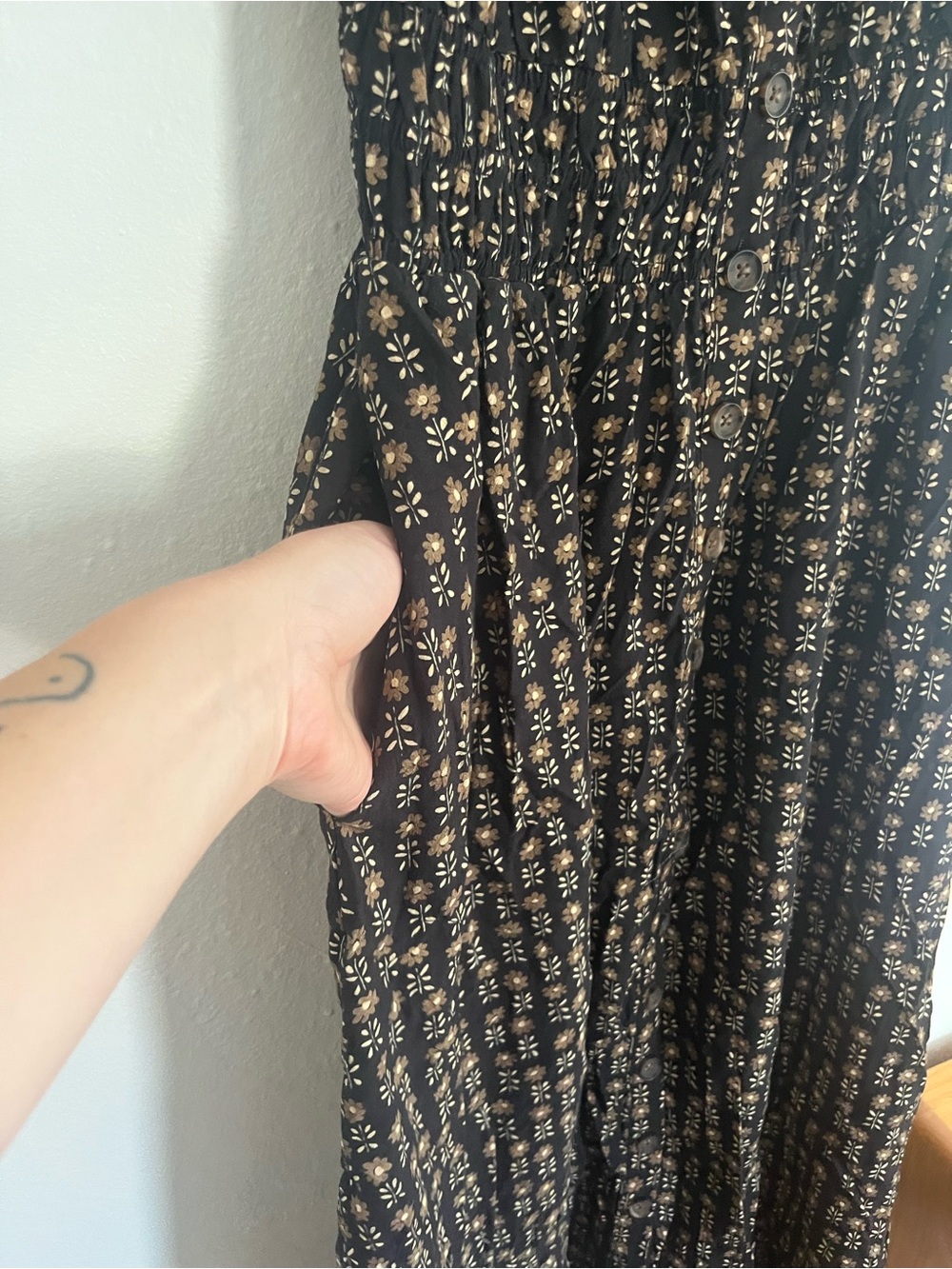 Marine Layer Annika Floral Smocked Waist Midi Dress Black Brown Button Up S NEW - Picture 6 of 9